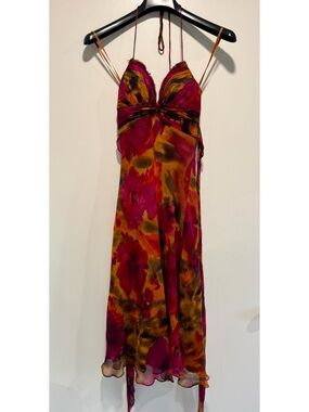 Cache Floral Midi Dress in Magenta, Brown and Orange